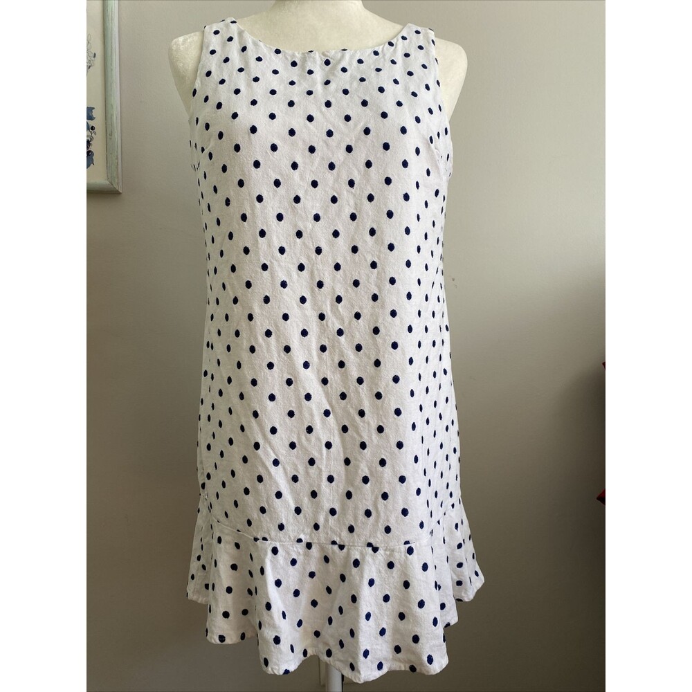 Polka Dot White Linen Blend women Dress S Sundress Ruffle Cute Retro Short
